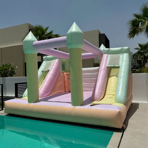 Castillo inflable combinado para fiestas infantiles al aire libre, con tobogán doble, en colores pastel. - Product Image 1