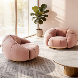 Sillón de Salón de Terciopelo Rosa de Lujo, Tapizado, con Base Dorada, Circular, Suave, para Lectura, Interior, Dormitorio - Product Image 4