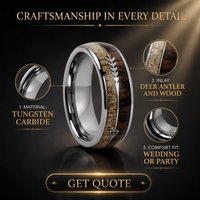 Bague en carbure de tungstène plaqué argent, motif bois de cerf et bois de koa avec flèche argentée, idéale pour mariage et fête, pour hommes et femmes - Nouvelle collection en promotion