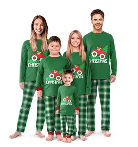 New Arrival Custom Green Mom Dad Kids Cartoon Polyester Matching Family Loungewear Christmas Pajama Sleepwear Clothing Set