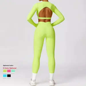 Aoyema baru kedatangan ropa deportiva mujer seksi satu bahu Bra lengan panjang V pinggang legging 4Pcs Set telanjang kulit ramah Yoga Set