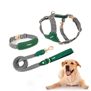 New Design Striped Webbing Rope Pet Leads Premium Accessories Handmade Fancy Leather Large Dog Harness And Leash Set