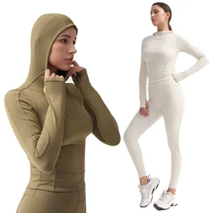 Muslim Gym High Waist Fitness Yoga Set Zip Up Leggings 2Pcs Sport Suit Workout Long Sleeve Hoodie Female Womens Tops And Blouses