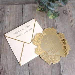 Nouvelles cartes <span class=keywords><strong>d</strong></span>'invitation en acrylique doré en forme de fleur avec motif floral gravé, carte de menu, carte <span class=keywords><strong>d</strong></span>'anniversaire avec enveloppe blanche - Product Image 4