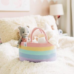 Cesta de Almacenamiento Portátil de Cuerda de Algodón para Juguetes y Pañales de Bebé, Diseño Arcoíris Pastel, Organizador de Pañales para Mamá con Asas - Product Image 6