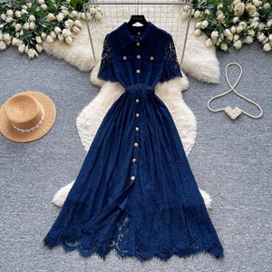 Robe élégante chic en dentelle française à manches courtes, cintrée à la taille, coupe trapèze pour femme - Product Image 5