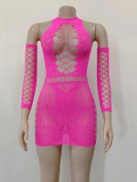 Gaun Bodystocking Jaring Ukuran Besar Kustom Grosir, Lingerie Seksi Model Terbaru, Pakaian Pertunjukan Bertabur Kristal Berkilau, Renda Berpayet