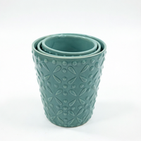 Set 3 Pot Bunga Keramik Teal Mengkilap dengan Motif Bunga Timbul yang Elegan untuk Dekorasi Rumah, Kantor, dan Ruang Tamu
