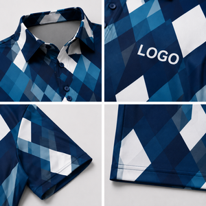 เสื้อโปโลชายลายอาร์ไกล์พิมพ์ลายสีน้ำเงินขาว แขนสั้น ผ้าถัก พิมพ์ลายตามสั่ง รับผลิตแบบ OEM ODM พร้อมโลโก้ของลูกค้า - Product Image 4