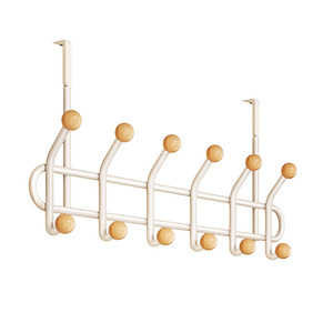 Porte-manteau mural rectangulaire Offwhite avec crochets et boules en bois pour l'entrée - Product Image 1