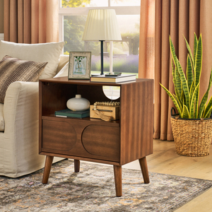 Mid Century Modern Fluted Nightstand With Charging Station USB Ports Outlet Hole 4 Solid Wood Legs Farmhouse <b>End</b> <b>Table</b> - Product Image 4