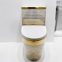 WC moderne en céramique à deux pièces, rayé or, avec ligne dorée électroplaquée et cuvette sans rebord blanche