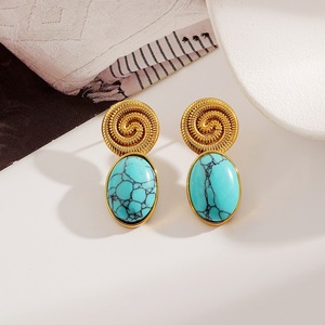 Stainless Steel <b>Stud</b> <b>Earrings</b> With <b>Turquoise</b> Inlay Geometric Design 18k Gold Plated Bezel Setting For Women Fashion Jewelry - Product Image 3