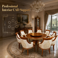 Ensemble de table à manger ronde de luxe 8 places en placage de bois doré, style classique européen pour salle à manger de villa