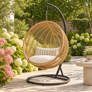 Fauteuil suspendu en rotin avec support en acier et coussin imperméable pour balcon extérieur et salon - Product Image 1