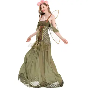 Green Forest Magic Butterfly Flower Fairy Elf Princess Long Dress Angel Costume Cosplay Halloween Clothing