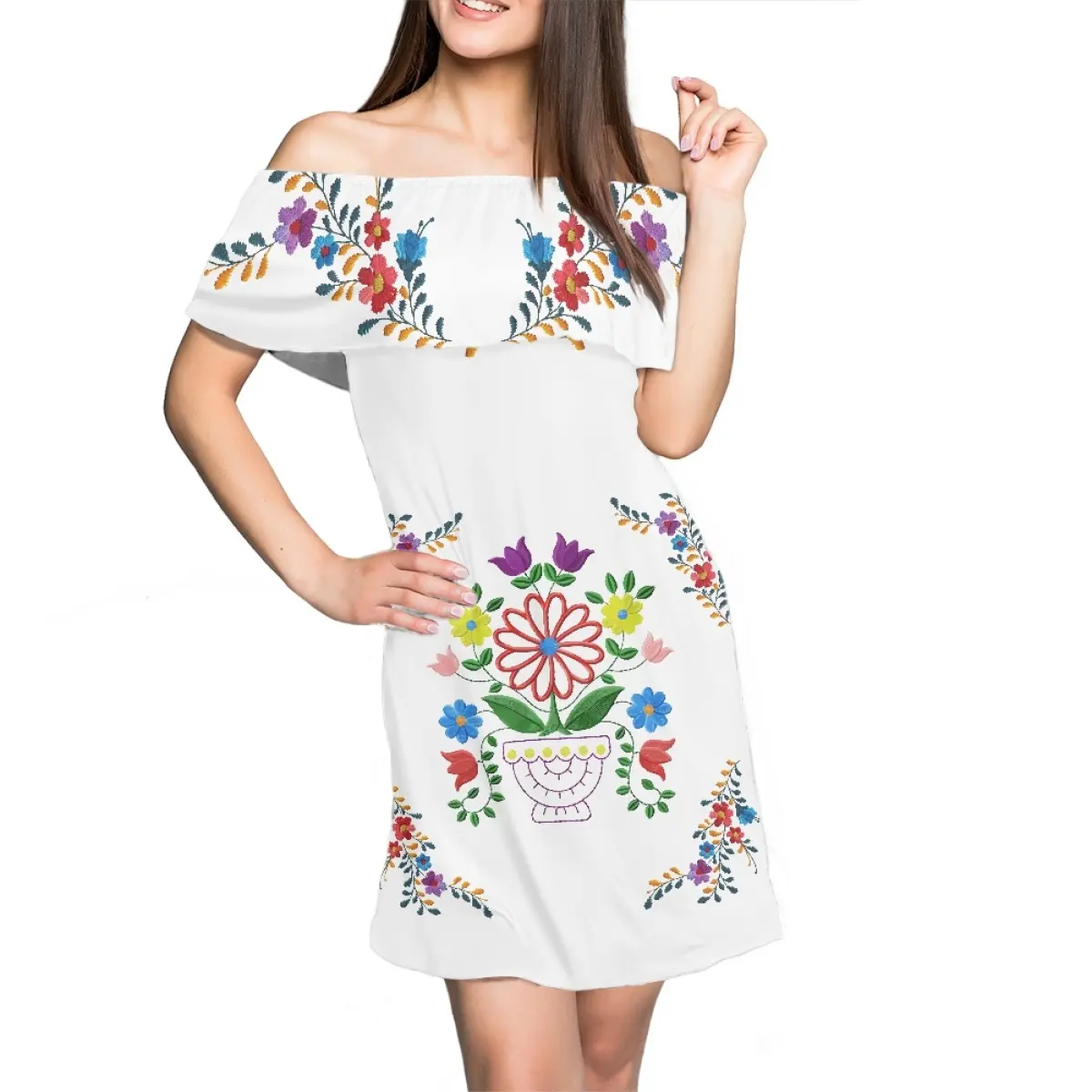 Night Dress Custom Mexican Folk Art Embroidery Style Vector Pattern With Flowers Women Party Clothing One Shoulder Ruffle Dress