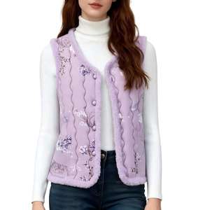 Gilet Asiatique Personnalisable, Motif Floral avec Accents en Velours, Vêtement d'Extérieur Élégant pour Femmes d'Âge Moyen - Product Image 1