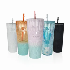 Vente en gros de nouveaux gobelets à eau réutilisables en plastique à double paroi de 25oz gobelet multicolore avec couvercle plat et paille