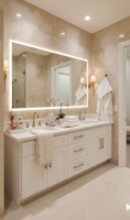 Meuble-lavabo de salle de bain blanc personnalisé style Shaker avec quincaillerie dorée, double vasque et plan de travail en quartz pour usage résidentiel