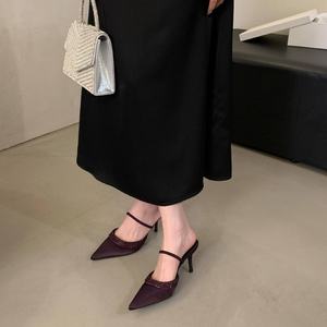 QuiteS New Pointed Toe Purple Stiletto Heel Shallow Mouth Rhinestone <b>Strap</b> Satin <b>Sandals</b> Casual Sexy Shoes for <b>Women</b> - Product Image 1