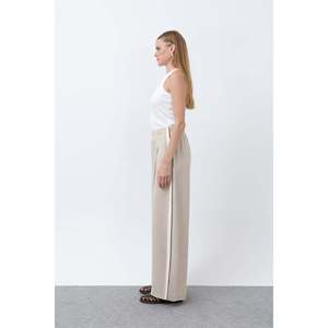 Pantalones Anchos de Lino para Mujer, Cintura Alta, Elásticos, Transpirables, Color Caqui EcrU - Product Image 2