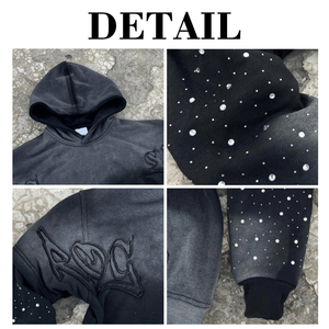 Custom Distress Applique Patch Rhinestone Pullover Acid Washed Vintage Sun Faded Layered Sleeve Hoodie for Men - Product Image 4