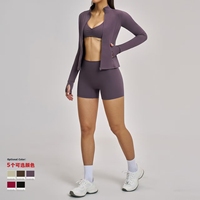Ensemble de yoga 3 pièces : Veste courte zippée à col montant, soutien-gorge de sport à col en V, short push-up – Tenue de sport pour la course en extérieur