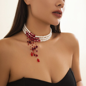 Europeo Vintage gótico gotas <span class=keywords><strong>de</strong></span> <span class=keywords><strong>sangre</strong></span> borla Collar perla fresco Halloween personalidad cuentas gargantilla geométrica - Product Image 1