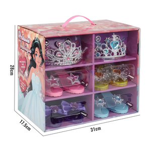 डीलक्स 18pcs बच्चों लड़कियों सामान श्रृंगार राजकुमारी पहनने योग्य मुकुट हार रिंगों कान की बाली जूते प्लास्टिक गहने सेट खिलौने - Product Image 2