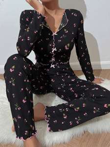I-0627 Pyjama d'été décontracté deux pièces pour femme, imprimé cœurs, logo frontal, taille élastique, doux et respirant, polyester/coton - Product Image 5