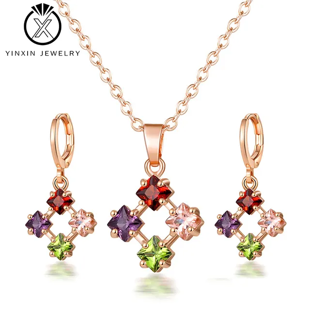 YiXin Jewelry Fancy Diamond Crystal Necklace Earrings Square Zircon Rose Gold Pendant Fashion Bridal Jewelry Set