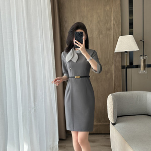 Women's Grey Midi Dress With <b>Belt</b> And Collar For Hotel <b>Work</b> Uniform Office Receptionist Flight Attendant Professional Attire - Product Image 1