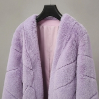Veste en fausse fourrure de vison polyester lavande pour femme, col en V, poignets bouffants, ruban en satin, ouverture sur le devant, vêtement d'extérieur en fourrure de luxe