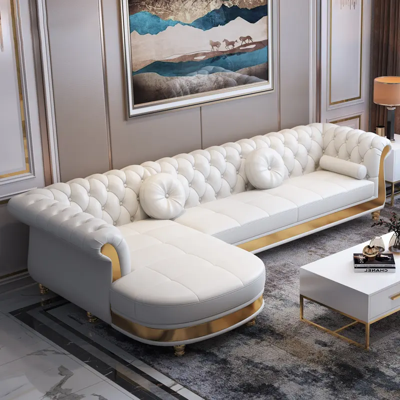Arabic Luxury Chesterfield Leather Sofa Living Room Sofas Hot Sale White Modern Home Furniture Solid Wood Frame European Style