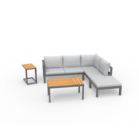 Ensemble de canapé d'angle en rotin avec structure en aluminium Dwoo, 5 pièces, avec table basse en WPC relevable et coussins épais de 8 cm pour la terrasse et le jardin