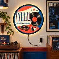 Panneau LED vintage en métal rond, décoration murale artistique sur le thème de la musique et des disques vinyles, pour magasin de disques, salle de musique, studio de DJ, bar, lounge et man cave