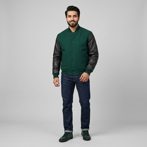 Veste bomber en molleton décontractée pour homme, style varsity, coupe ajustée, manches longues, 100% coton (vert moyen) - Product Image 1