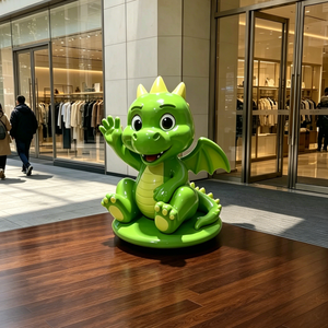 Statue de dragon vert de dessin animé mignon et agitant la main, grandeur nature, en fibre de verre (FRP), sculpture mascotte pour entrée de centre commercial, café, restaurant, attraction photo - Product Image 1