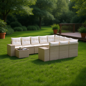 Conjunto de sofá de ratán beige para exteriores con cojines color crema para jardín, muebles de patio contemporáneos con diseño impermeable. - Product Image 2