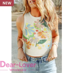 Dear-Lover Wholesale Summer High Quality Casual Cute Floral Crew Neck Cotton Ribbed Sleeveless Cropped Tank Top Women