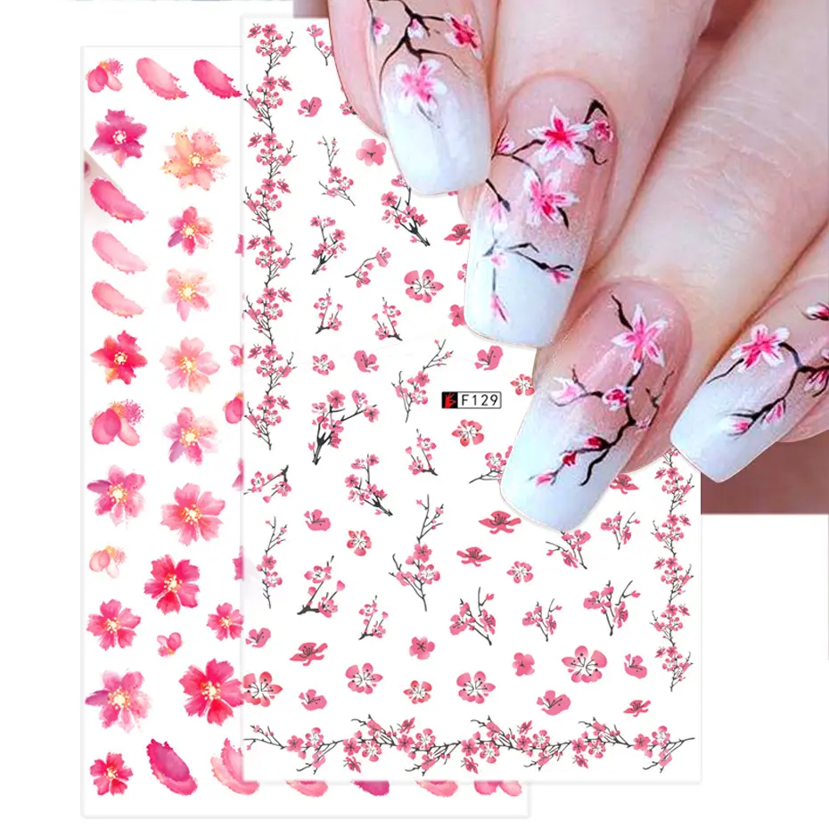 Adesivo de unhas 3D estilo japonês vermelho rosa flores flor de pêssego desenhos manicure gel polonês decoração floral seca adesivo