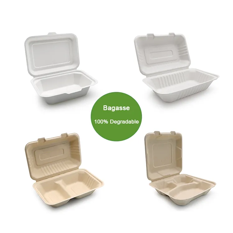 Microwaveable Biodegradable Sugarcane Bagasse Fibre Pulp Paper Sugare Cane Clamshell Dinner Boxes Food Takeout Container