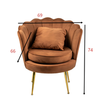 Fauteuil individuel contemporain en velours bleu premium, fauteuil lounge en forme de coquille de pétale, pieds en métal doré pour salon