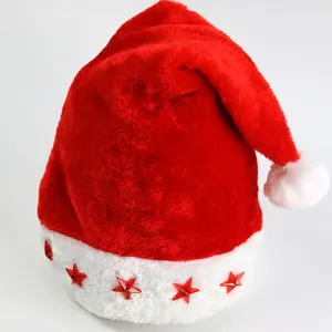 定制金色印花圣诞老人帽子绒布发光二极管点亮圣诞帽带发光二极管灯