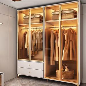 Armario de Lujo con Marco Dorado, Puerta de Vidrio Esmerilado con Bisagras, Iluminación LED, Almacenamiento Multicapa, Organizador de <span class=keywords><strong>Ropa</strong></span>, <span class=keywords><strong>Mueble</strong></span> - Product Image 6