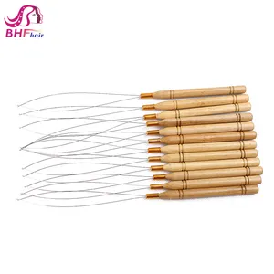 Micro Ring Loop Threader Hair Extension Tools Wooden Metal Holder Thread Pulling Needle for Stick I Tip Nano Ring Hair