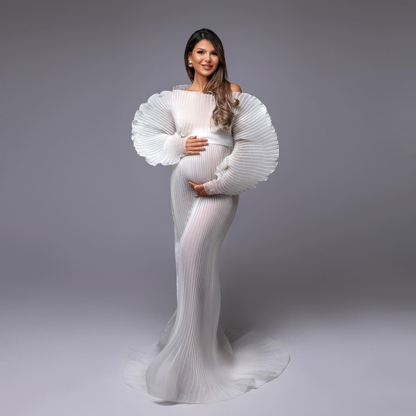 strapless open back dress Flowing Pleated Blue Maternity Gown for Photoshoot Elegant Off Shoulder Pregnancy  Dress with Long Train YW250071 – yewendress
