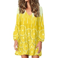 Robe jupe plissée à manches longues avec imprimé citron personnalisé, robes décontractées vintage à col en V pour femmes, vêtements de plage