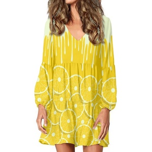 Full <strong>Printed</strong> <strong>Lemon</strong> Design Customized Long Sleeve Pleated Skirt <strong>Dress</strong> Vintage V-neck Casual <strong>Dresses</strong> for Women Beach Clothing - Product Image 2